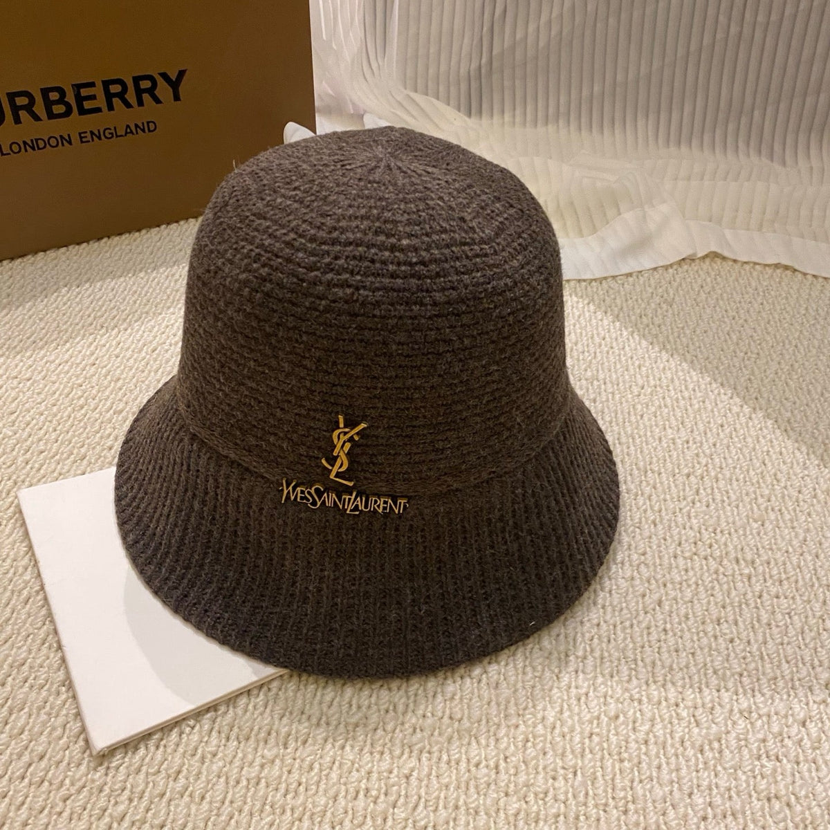 YSL Gold Logo Knitted Bucket Hat